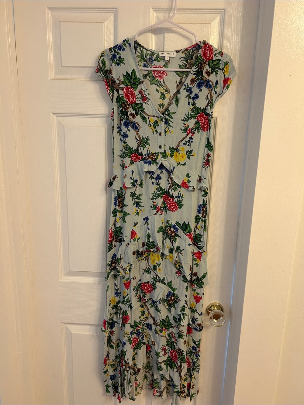 Warehouse Floral Maxi Dress - Light Blue with Red & Yellow Flowers